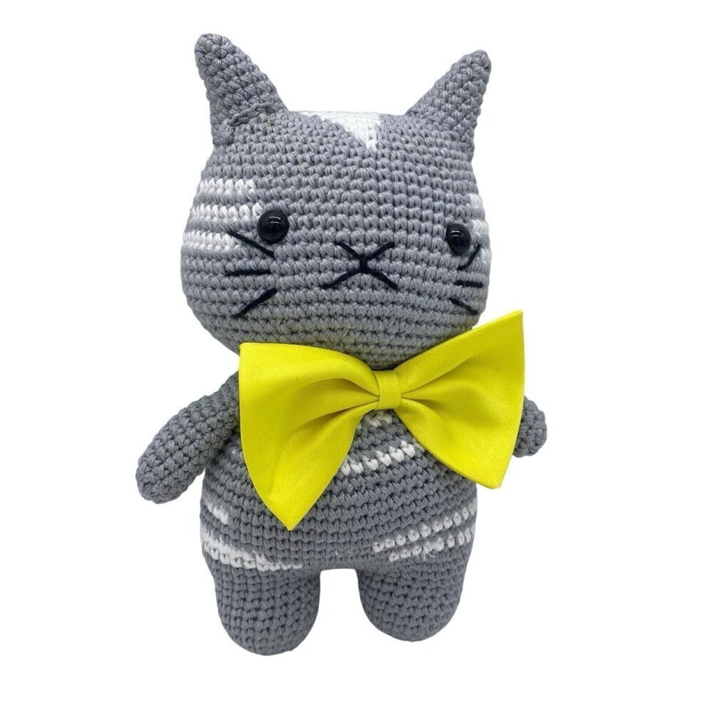 Handmade Crochet Cat Grey Kitty Yellow Bow Tie Doll Cat Stuffed Animal Gift
